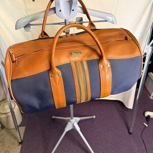 Montini Leather Striped Duffle Bag Brown/Blue/Green 19x11 vintage rare